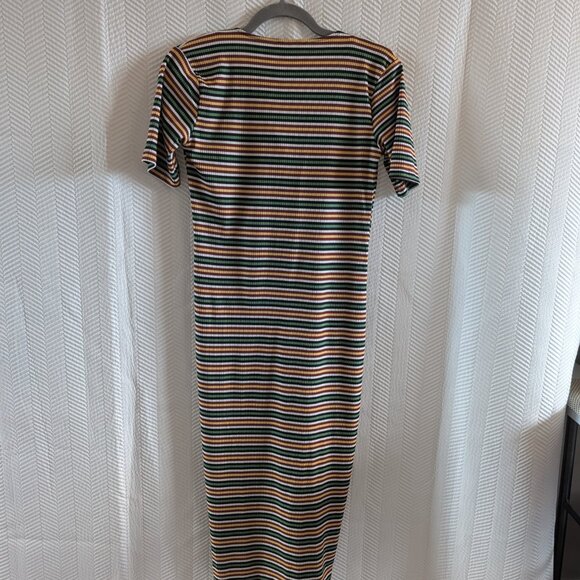 Zara NWOT Striped Stretch Midi Dress Black Green White Yellow Brown Size Medium - Picture 6 of 9